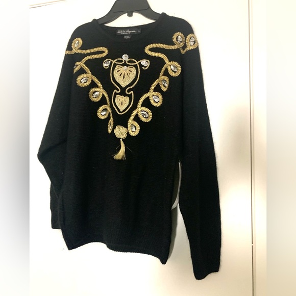 New Vintage Work in Progress Silk Angora Sweater Embelished Black Gold Large - Picture 3 of 13
